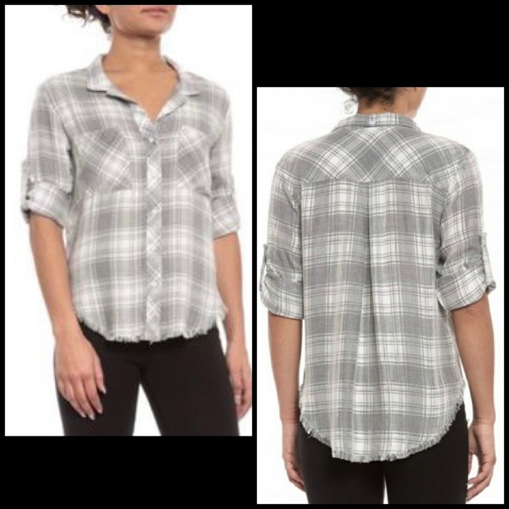 Anthro Cloth & Stone Gray Plaid Frayed Edge Button Down Shirt Top